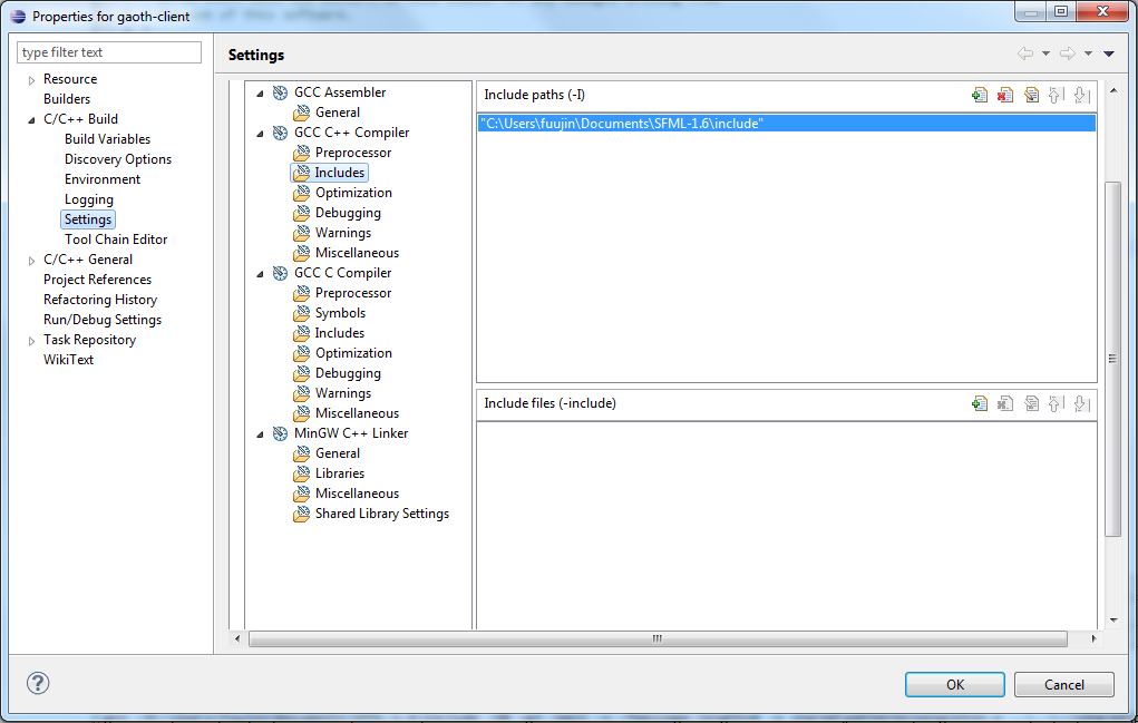 How to include the SFML header files in Eclipse